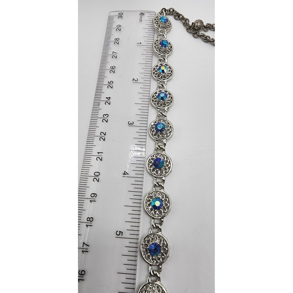 Vintage Dark Blue Aurora Borealis Rhinestone Silver Tone Filagree Necklace 17.5" - Picture 14 of 15